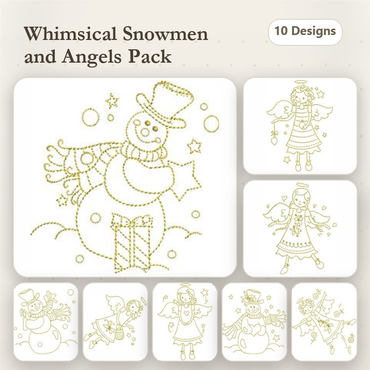 Redwork Snowmen & Angels Embroidery Designs Bundle – Snowman with Star, Angel with Gift, & More (10 Designs)