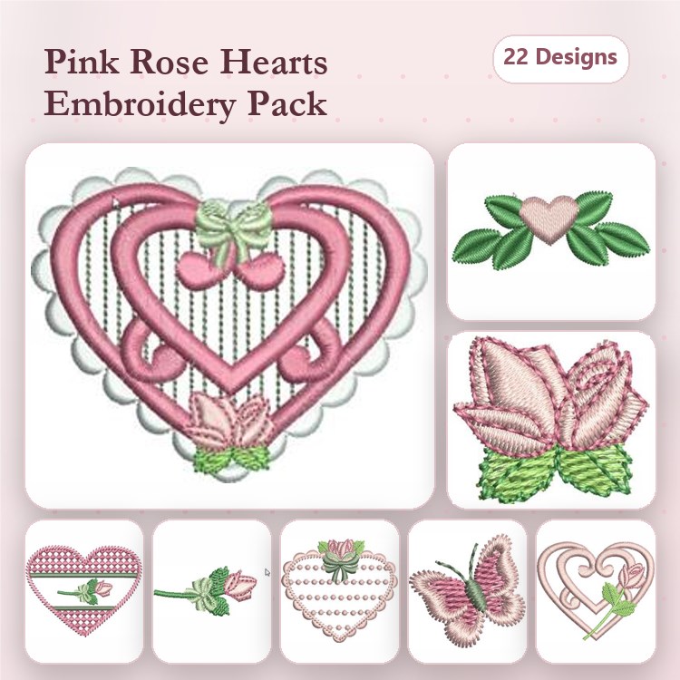 Floral Heart Embroidery Designs Bundle – Heart with Roses, Butterfly with Rose, Lace Heart with Bow & More (22 Designs)