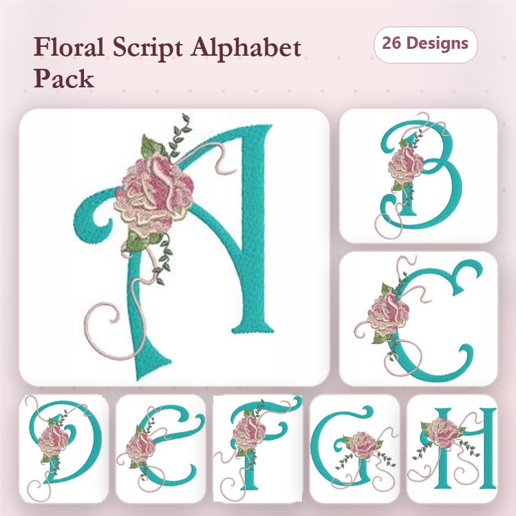 Floral Alphabet Embroidery Designs Bundle – Floral Letter A, B, C & More (26 Designs)