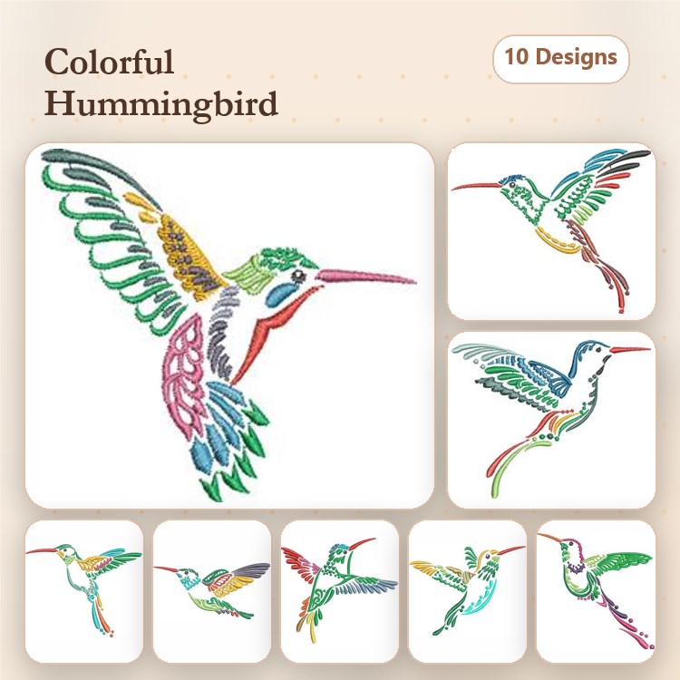 Colorful Hummingbirds Embroidery Designs Bundle – Hummingbird in Flight, Hummingbird with Floral Accents, & More (10 Designs)