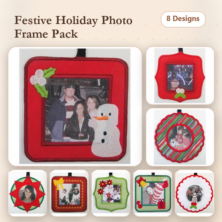 ITH Festive Holiday Photo Frames Embroidery Designs Bundle – Snowman, Holly, Wreath & More (8 Designs)
