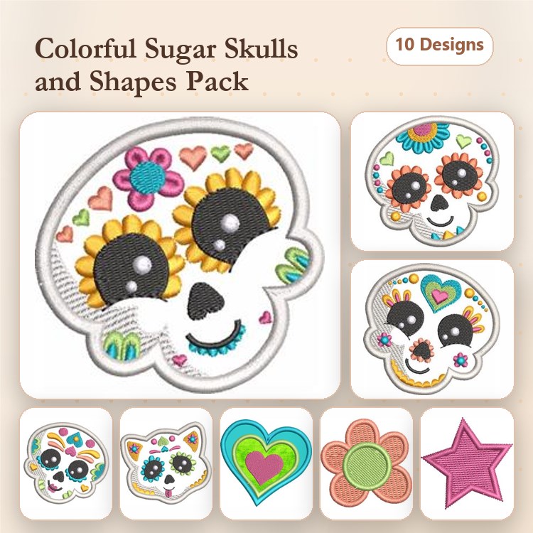Colorful Sugar Skulls Embroidery Designs Bundle – Sugar Skull with Flowers, Sugar Skull with Hearts & More (10 Designs)