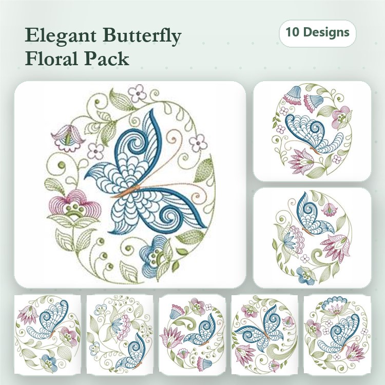 Butterfly & Floral Embroidery Bundle – Elegant Butterfly, Floral Bird, Butterfly with Flowers & More (10 Designs)