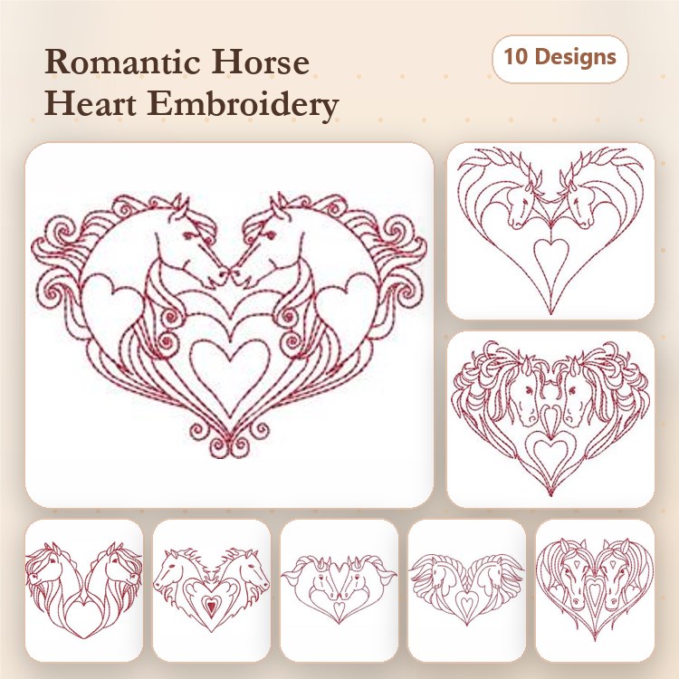 Redwork Romantic Horse Heart Embroidery Bundle – Horse Heart with Floral, Two Horses with Heart & More (10 Designs)