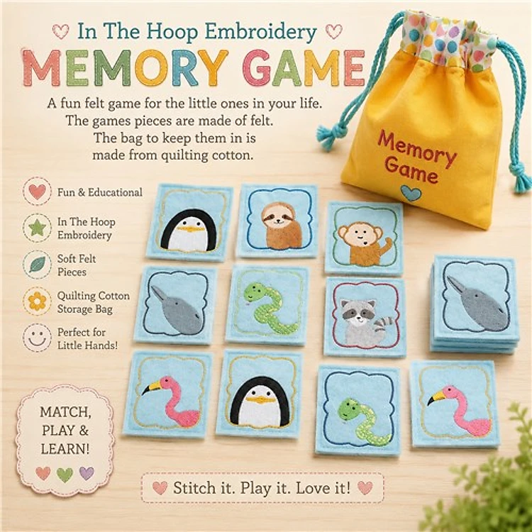 ITH Memory Game Embroidery Designs Bundle – Sloth Square, Penguin Square, Whale Square & More (8 Designs)