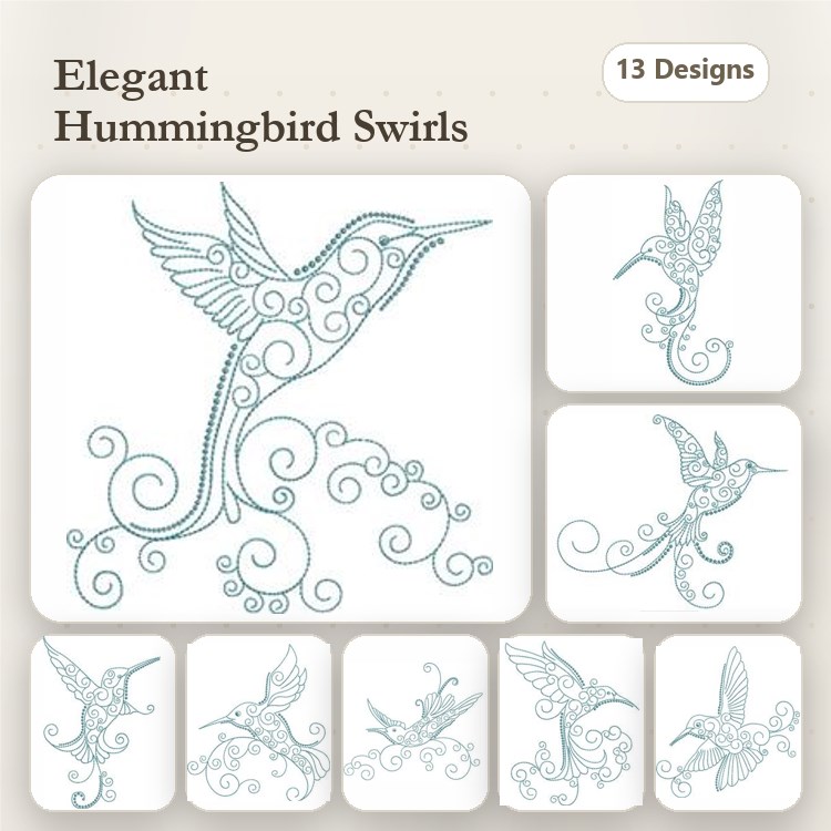 Redwork Hummingbird Embroidery Designs Bundle – Hummingbird with Swirls, Hummingbird in Flight, & More (13 Designs)