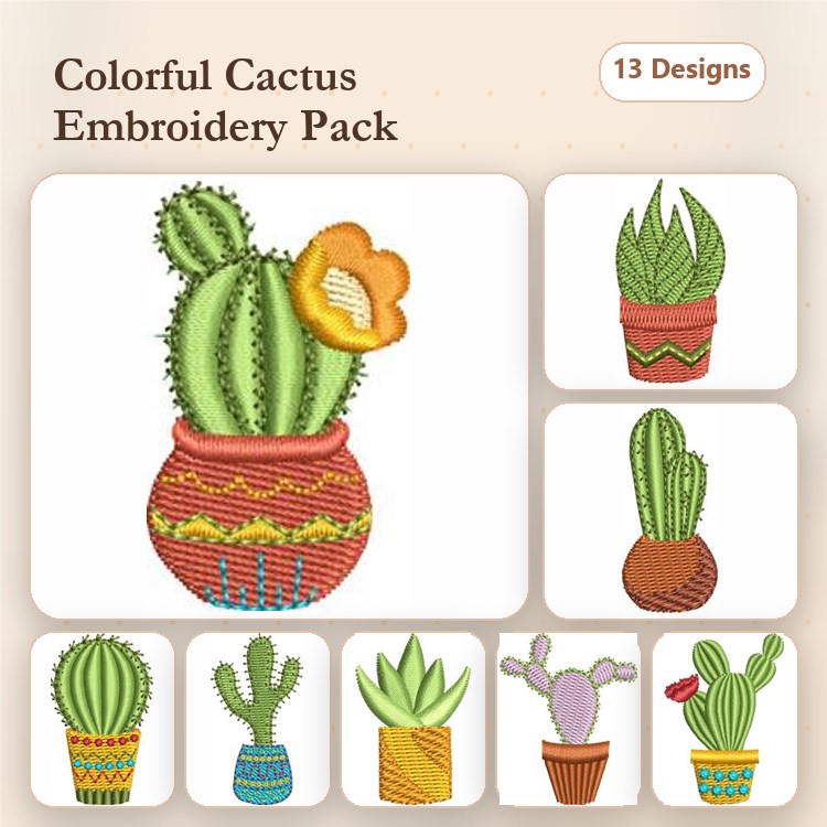 Colorful Cactus Embroidery Bundle – Cactus in Pot with Flower, Tall Cactus in Decorative Pot & More (13 Designs)