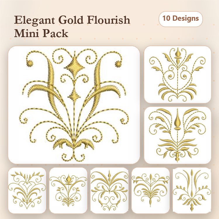 Redwork Elegant Gold Flourishes Embroidery Designs Bundle – Flourish Design 1, Flourish Design 2, Flourish Design 3 & More (10 Designs)