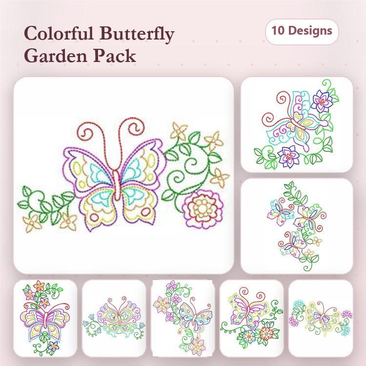Redwork Colorful Butterflies and Flowers Embroidery Designs Bundle – Butterfly with Flowers, Floral Butterfly, Garden Butterfly & More (10 Designs)