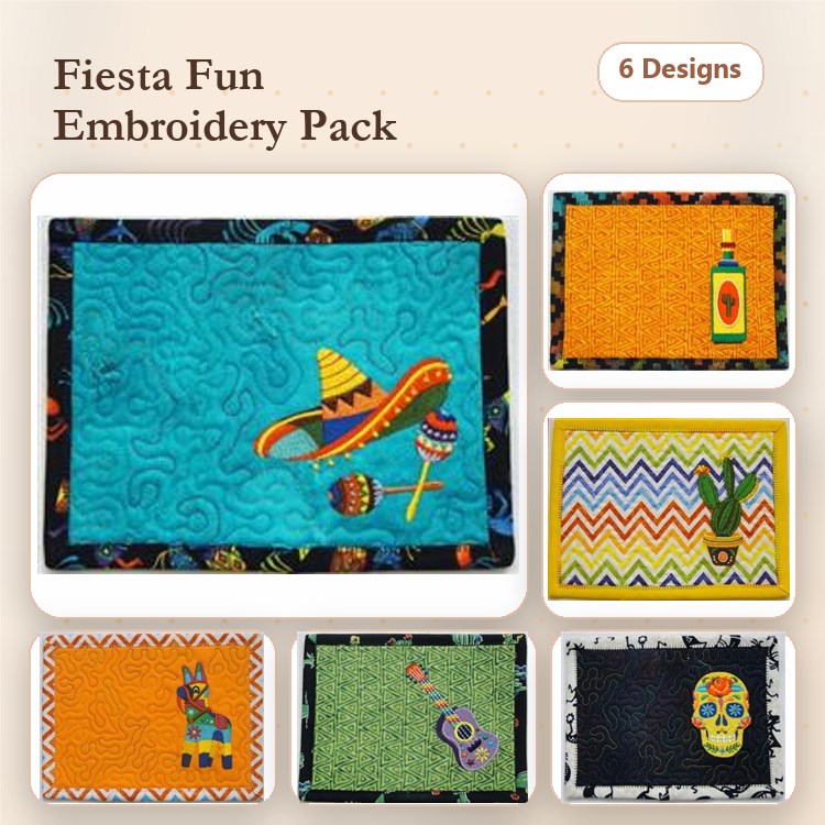 ITH Fiesta Embroidery Designs Bundle – Sombrero with Maracas, Tequila Bottle, Cactus & More (6 Designs)