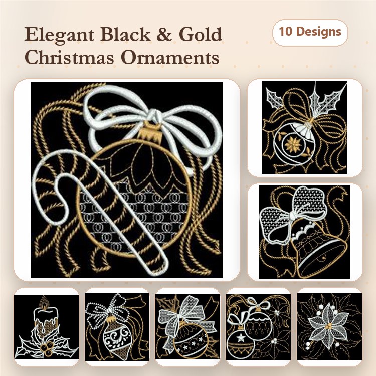 Christmas Ornaments Embroidery Designs Bundle – Ribbon, Candy Cane, Holly Berries & More (10 Designs)