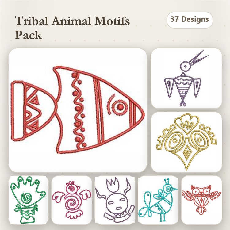 Redwork Tribal Animal Embroidery Bundle – Fish, Bird, Heart, Owl & More (37 Designs)