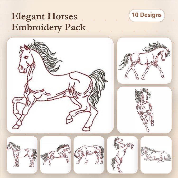 Redwork Elegant Horses Embroidery Designs Bundle – Rearing Horse, Galloping Horse, Standing Horse & More (10 Designs)