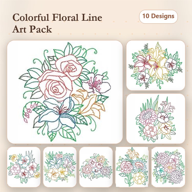 Redwork Colorful Floral Embroidery Bundle – Floral Bouquet with Roses, Lily and Floral Arrangement & More (10 Designs)