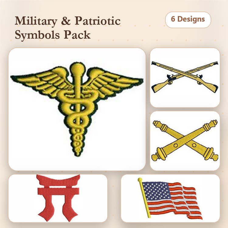 Military & Patriotic Symbols Embroidery Designs Bundle – Caduceus Emblem, Crossed Rifles, American Flag & More (6 Designs)