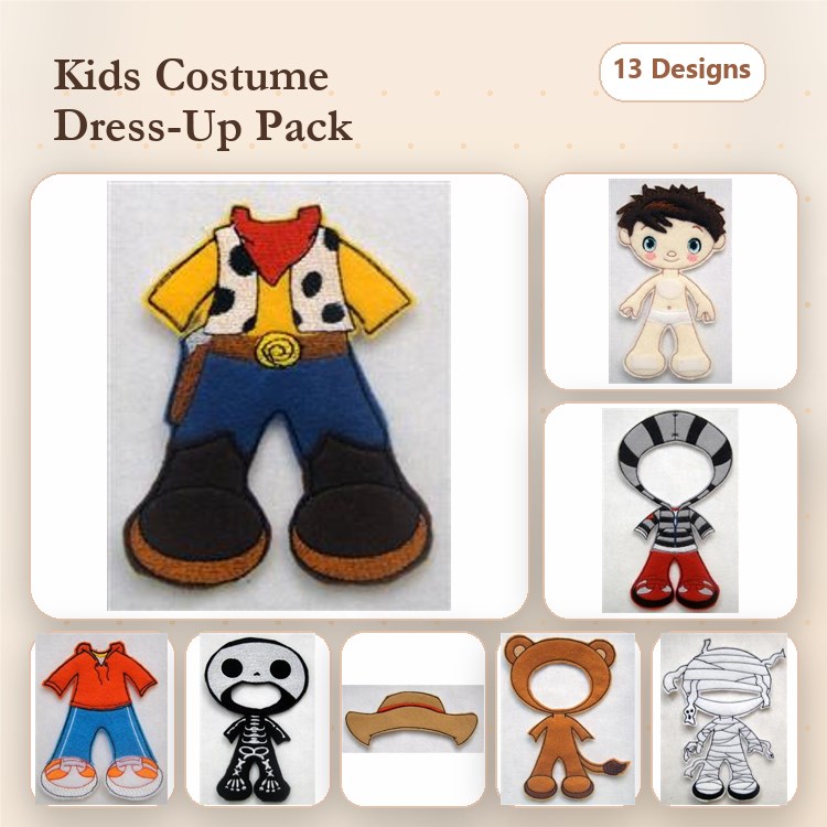 ITH Kids Costume Dress-Up Embroidery Designs Bundle – Cowboy, Pirate, Skeleton, Bunny & More (13 Designs)