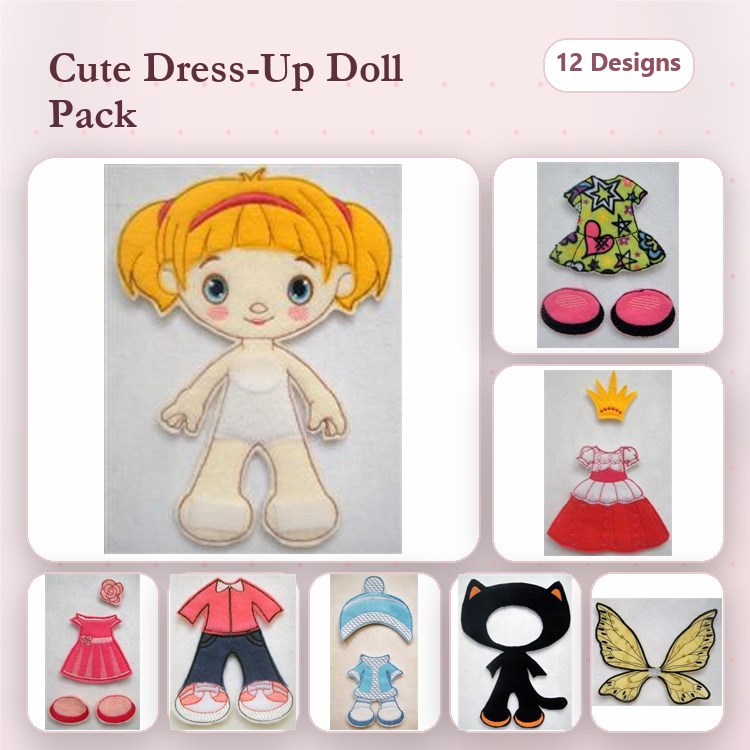ITH Dress-Up Dolls Embroidery Bundle – Doll Base, Red Dress, Blue Shirt & More (12 Designs)