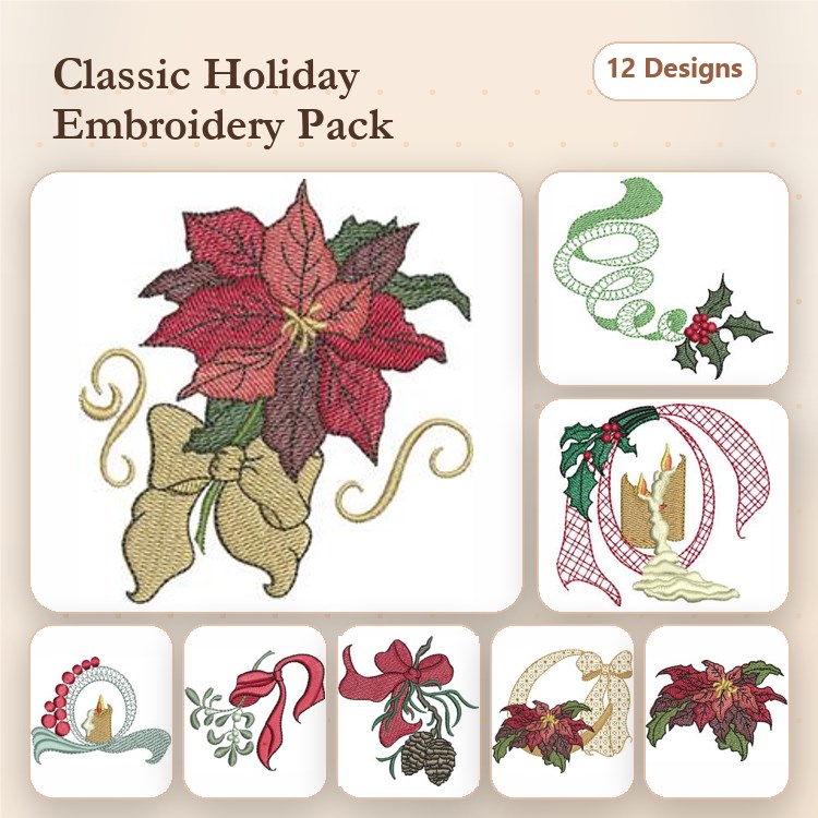 Holiday Floral Embroidery Designs Bundle – Poinsettia with Bow, Holly Arrangement, Candle with Flame & More (12 Designs)