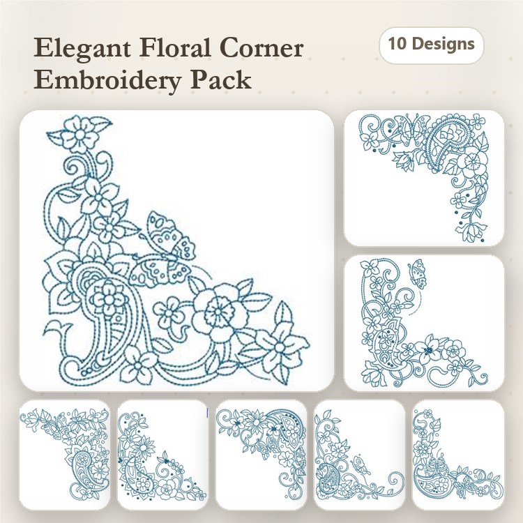 Redwork Floral Corner Embroidery Designs Bundle – Floral Corner with Butterfly, Ornate Floral Corner, & More (10 Designs)