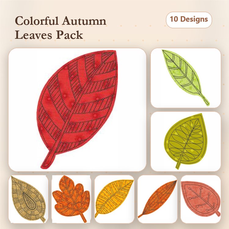 Applique Colorful Autumn Leaves Embroidery Bundle – Red Leaf, Yellow Leaf, Green Leaf & More (10 Designs)