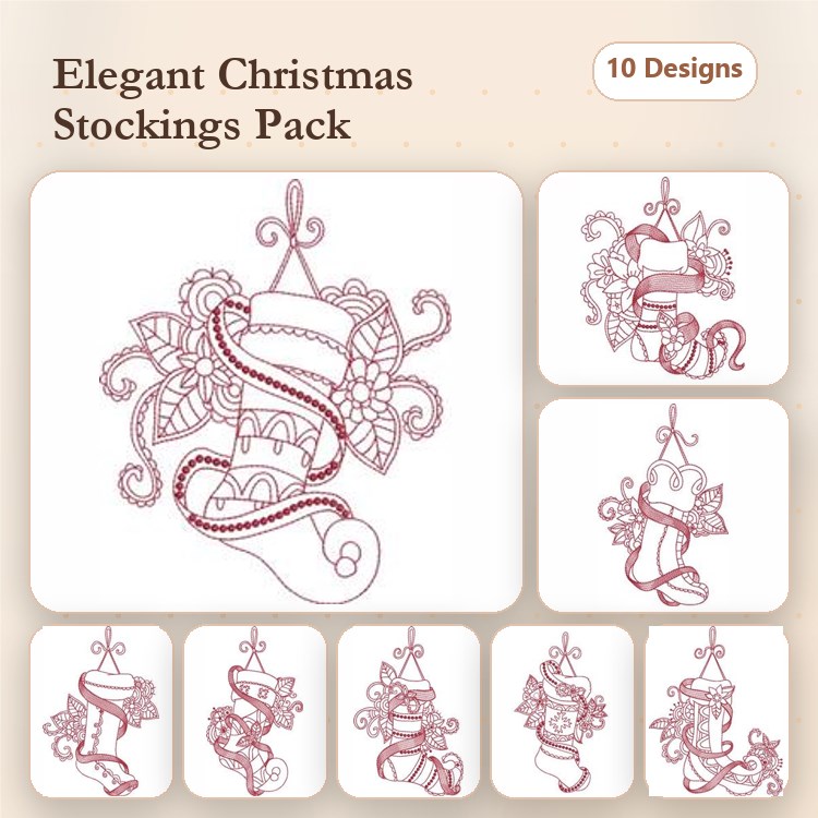 Redwork Elegant Christmas Stockings Embroidery Designs Bundle – Christmas Stocking with Ornaments, Hanging Stocking with Ribbon & More (10 Designs)