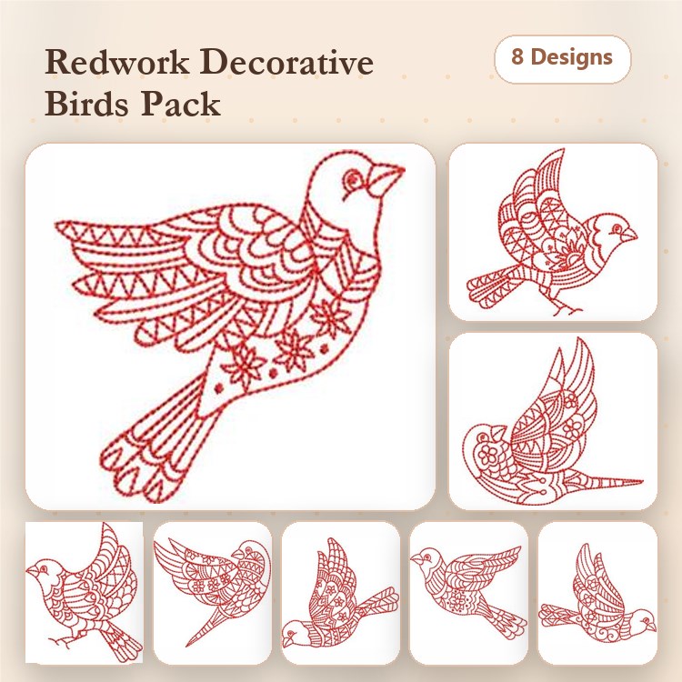 Redwork Decorative Bird Embroidery Bundle – Ornate Winged Bird, Bird in Flight, Sitting Bird & More (8 Designs)