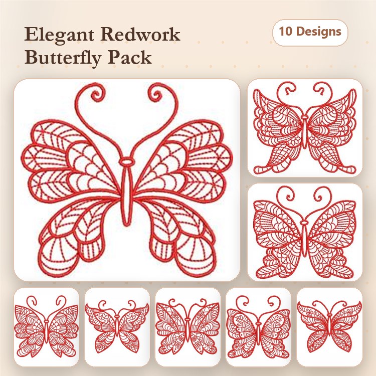 Redwork Butterflies Embroidery Designs Bundle – Butterfly Design 1, Butterfly Design 2, Butterfly Design 3 & More (10 Designs)