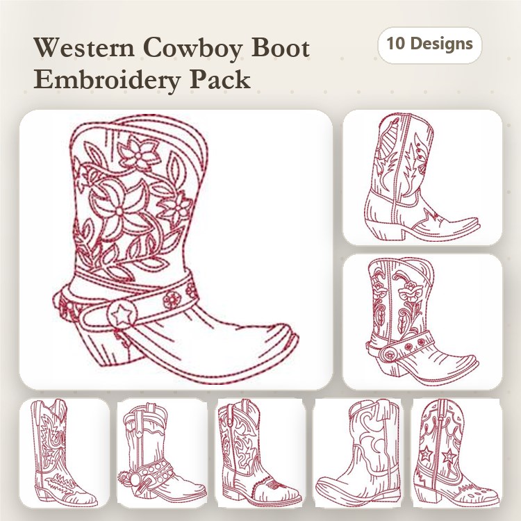 Redwork Cowboy Boot Embroidery Designs Bundle – Floral Design, Cactus, Decorative Stitching & More (10 Designs)