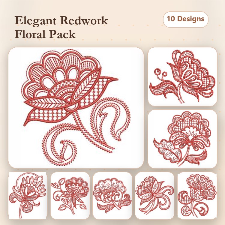 Redwork Elegant Floral Embroidery Designs Bundle – Floral Outline with Curves, Elegant Flower with Swirls & More (10 Designs)