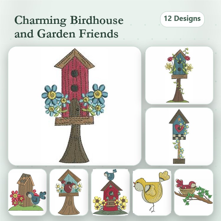 Birdhouse & Garden Embroidery Designs Bundle – Birdhouse with Flowers, Bluebird, Red Bird on Branch & More (12 Designs)