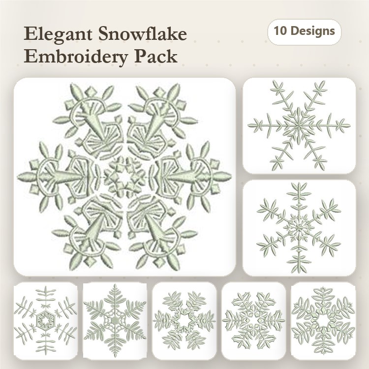 Elegant Snowflakes Embroidery Designs Bundle – Large Snowflake, Ornate Snowflake, Simple Snowflake & More (10 Designs)