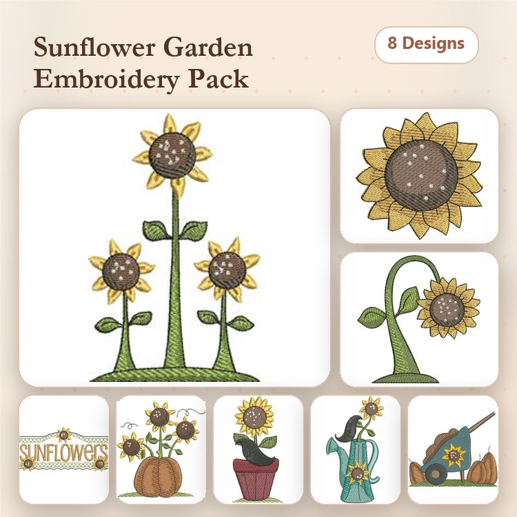 Sunflower Garden Embroidery Designs Bundle – Tall Sunflower, Watering Can with Sunflower & More (8 Designs)