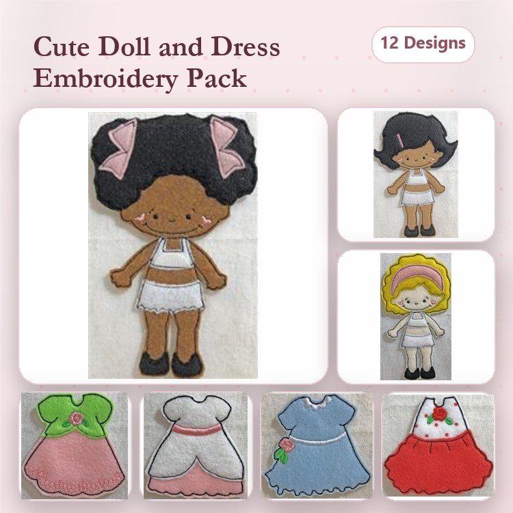 ITH Doll and Dress Embroidery Bundle – Doll with Pink Bow, Green Dress, Pink Dress & More (12 Designs)