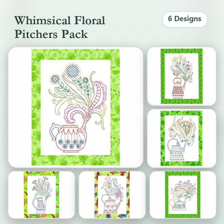 Redwork Floral Pitcher Embroidery Designs Bundle – Floral Pitcher with Swirls, Decorative Pitcher with Flowers & More (6 Designs)