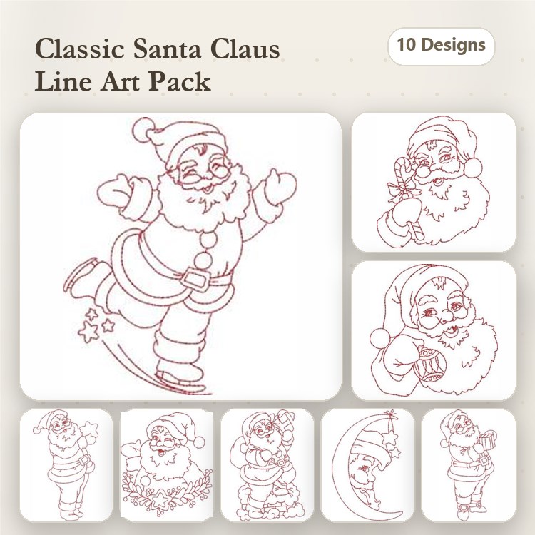 Redwork Classic Santa Claus Embroidery Designs Bundle – Santa Claus Skating, Holding Gifts, with Christmas Tree & More (10 Designs)