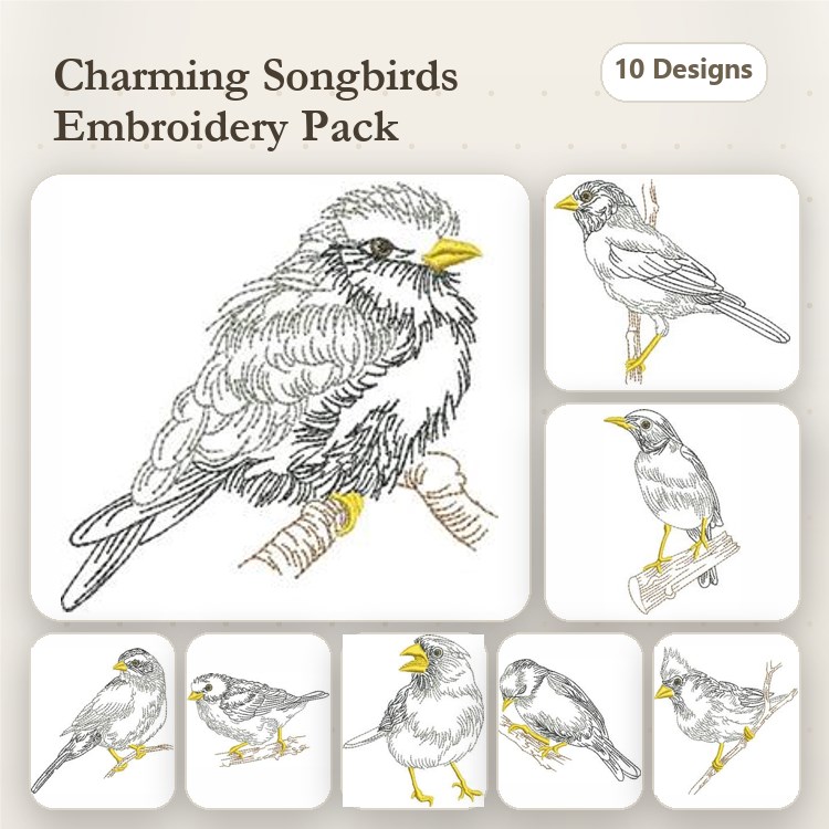 Redwork Charming Songbirds Embroidery Designs Bundle – Songbird on Branch, Singing Songbird, & More (10 Designs)