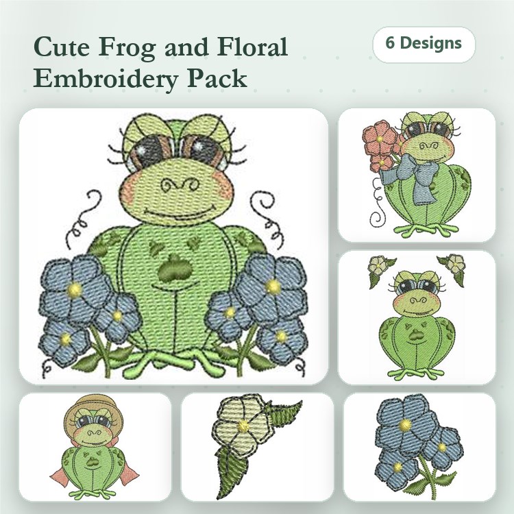 Cute Frog Embroidery Bundle – Frog with Flower, Blue Flower Cluster & More (6 Designs)