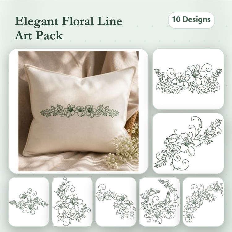 Redwork Floral Embroidery Designs Bundle – Floral Border, Curved Floral Design, Lily Floral Accent & More (10 Designs)