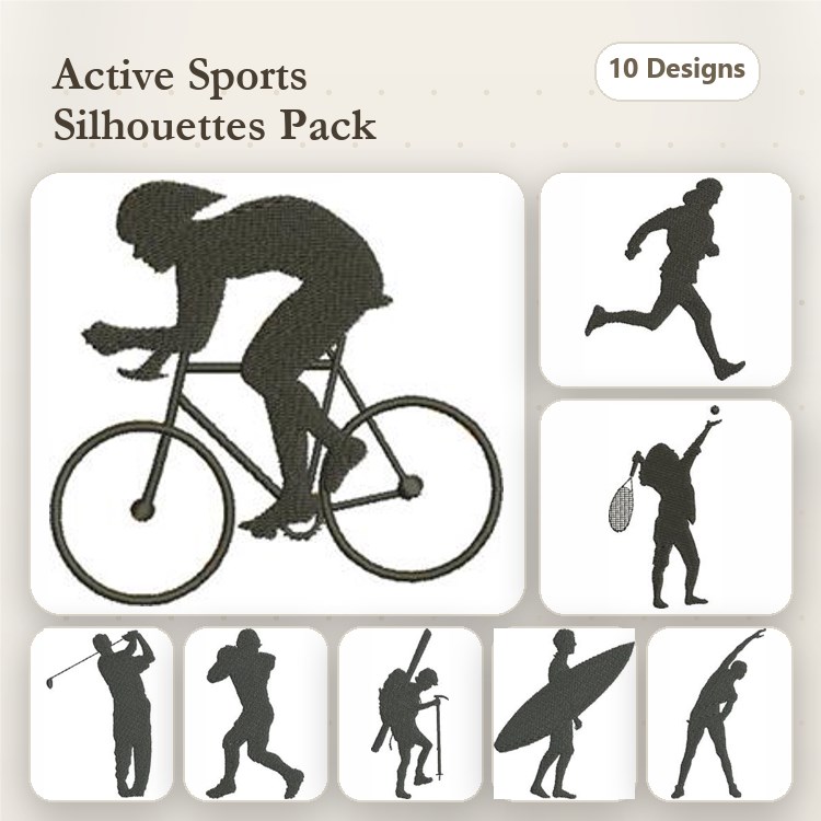 Active Sports Silhouettes Embroidery Designs Bundle – Cyclist, Runner, Tennis Player, Surfer & More (10 Designs)