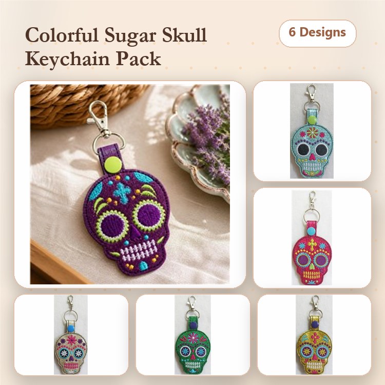 ITH Colorful Sugar Skull Keychain Embroidery Designs Bundle – Purple, Red, Blue, Green & More (6 Designs)
