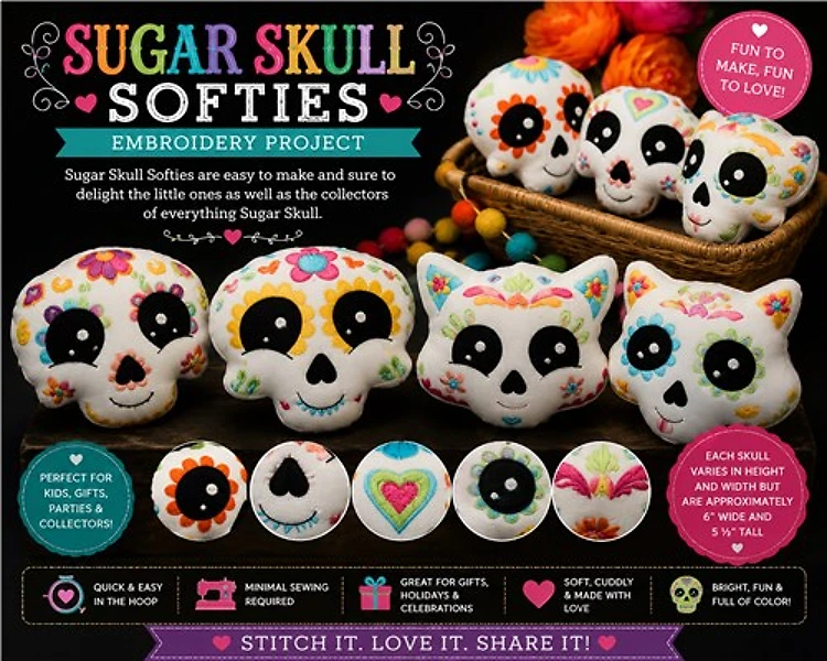 ITH Sugar Skull Softies Embroidery Designs Bundle – Floral Design, Heart Eyes, Cat Sugar Skull & More (6 Designs)