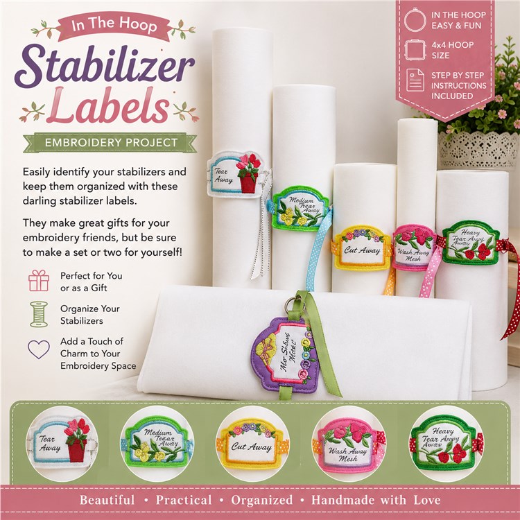 ITH Stabilizer Labels Embroidery Designs Bundle – Get Away Label, Cut Away Label, Stabilizer Label with Flowers & More (6 Designs)