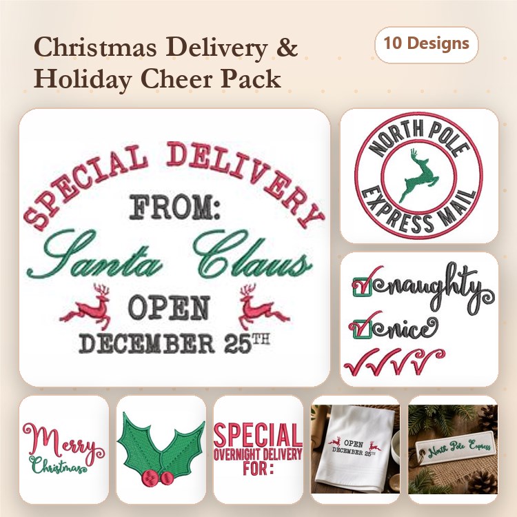Christmas Delivery Embroidery Designs Bundle – Special Delivery from Santa Claus, North Pole Express Mail, & More (10 Designs)