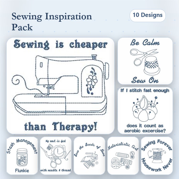 Redwork Sewing Inspiration Embroidery Designs Bundle – Sewing Machine, Be Calm, Sewing Puns & More (10 Designs)