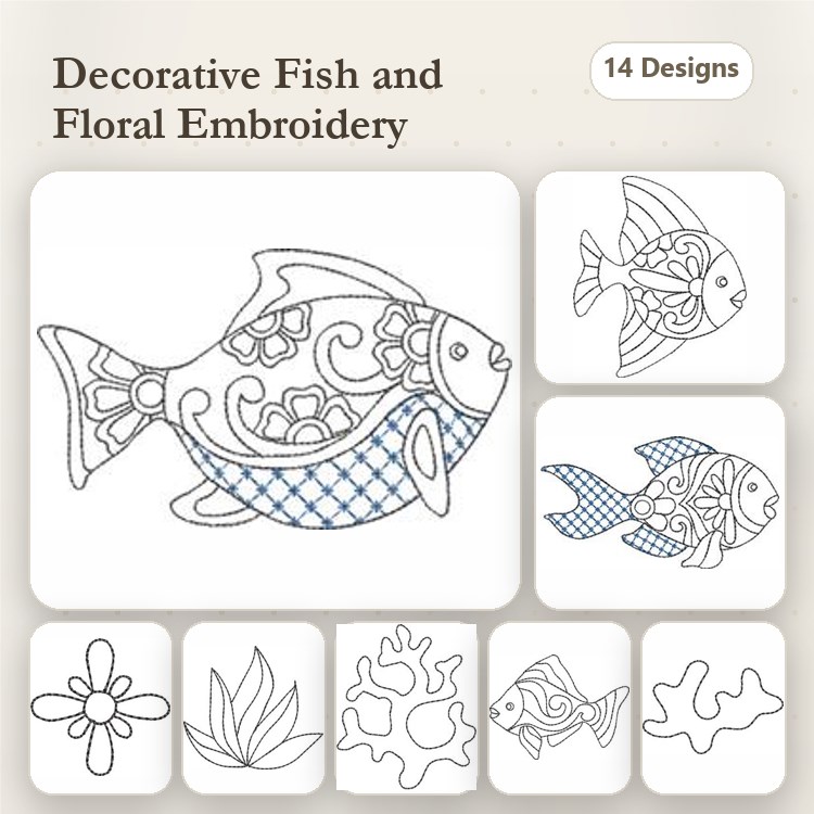 Redwork Decorative Fish & Floral Embroidery Designs Bundle – Decorative Fish, Floral Design, Leaf Outline & More (14 Designs)