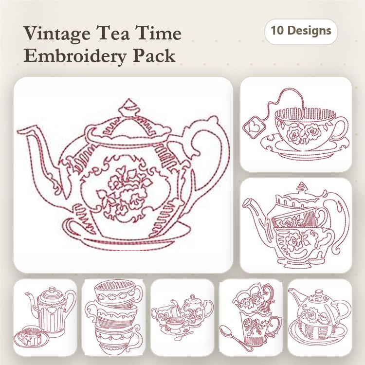 Redwork Vintage Tea Time Embroidery Bundle – Teapot with Roses, Floral Teapot, Cup and Saucer & More (10 Designs)
