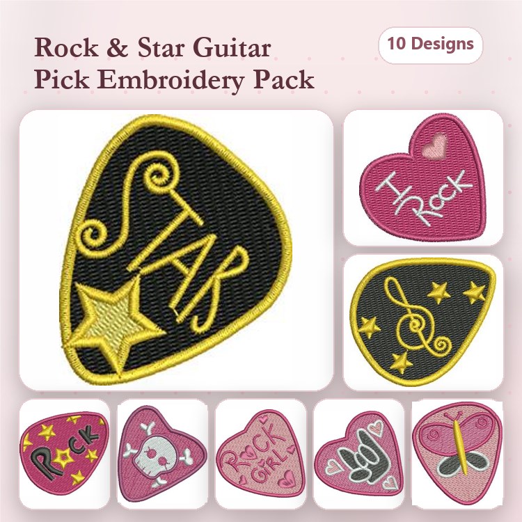 Guitar Picks Embroidery Designs Bundle – Star Guitar Pick, I Rock Pick, Rock Girl Pick & More (10 Designs)