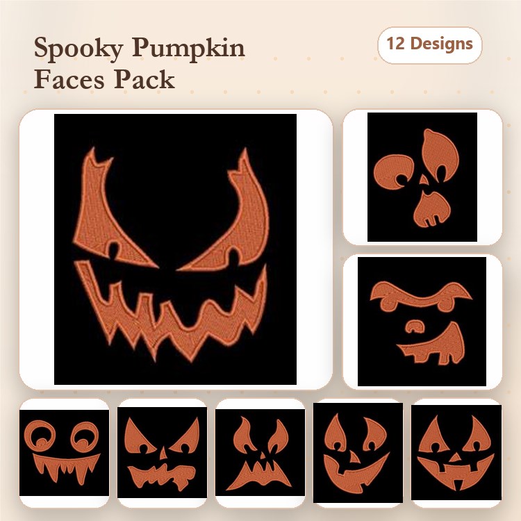Spooky Pumpkin Faces Embroidery Designs Bundle – Grinning, Scary, Sad, & More (12 Designs)