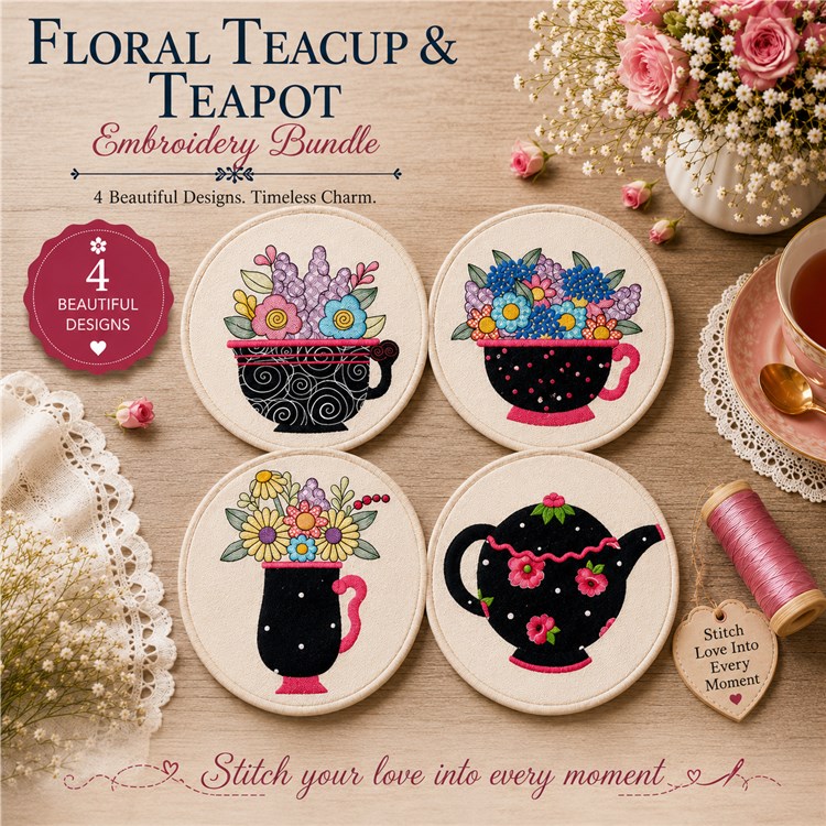 Floral Teacup & Teapot Embroidery Bundle – Colorful Designs (4 Designs)