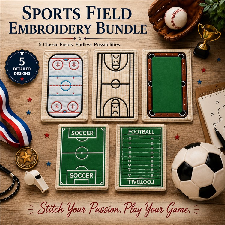 Sports Field Embroidery Bundle – Hockey, Basketball & More (5 Designs)
